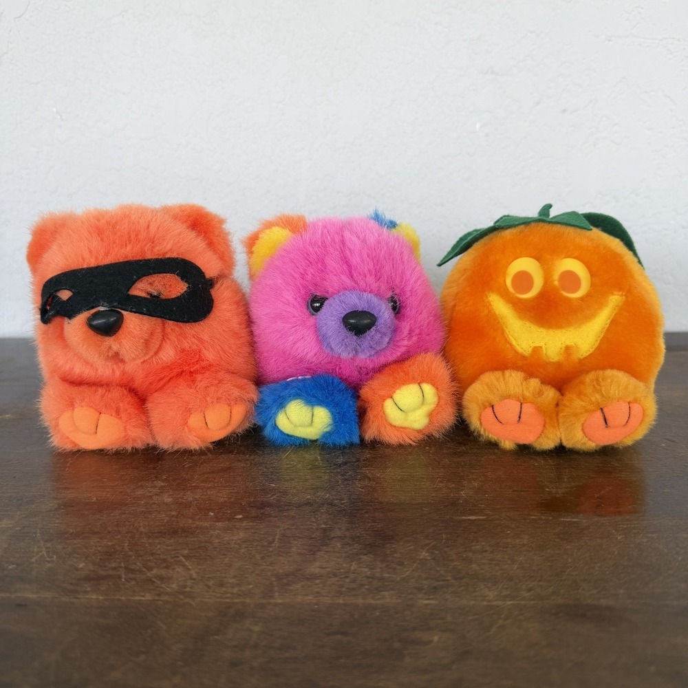 Vintage Swibco‎ Puffkins Plush Lot Bear Raccoon Pumpkin Halloween Toy 90s